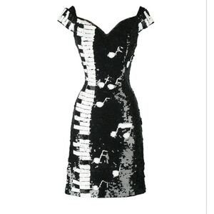 Vintage 1980s Black White Piano Keys Off Shoulder Sequin Beaded Mini Dress SM